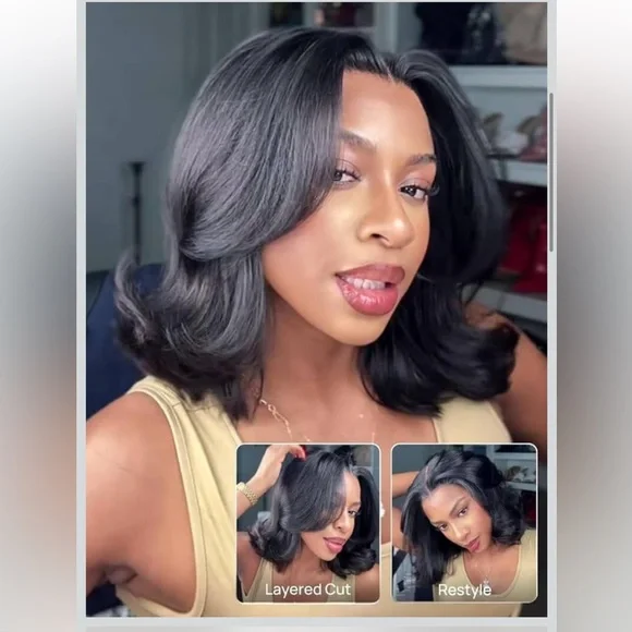 Layered Yaki Straight Bob Drawstring Wig Human Hair 180% Density 7x5 Lace 14” #4 - Picture 4 of 14